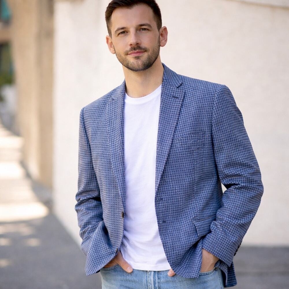 Michael Kors Blue Check Blazer 46R Sport Coat XL